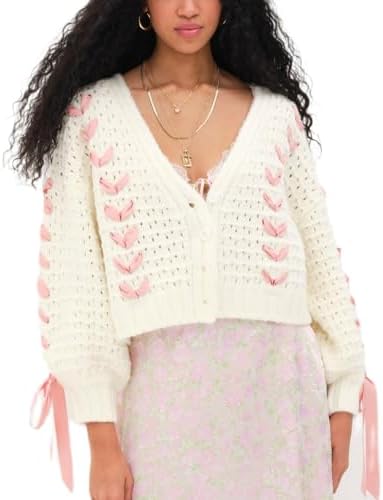 Women's Y2K Crop Cardigan Long Sleeve V-Neck Satin Ribbon Lace Up